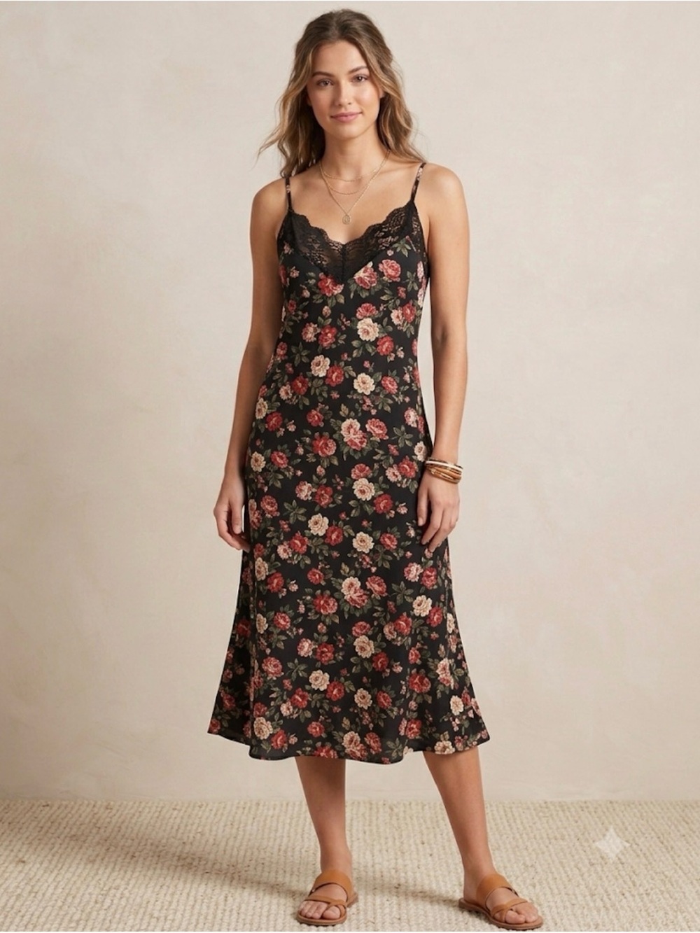 Black Floral Dress with Red and Pink Blooms